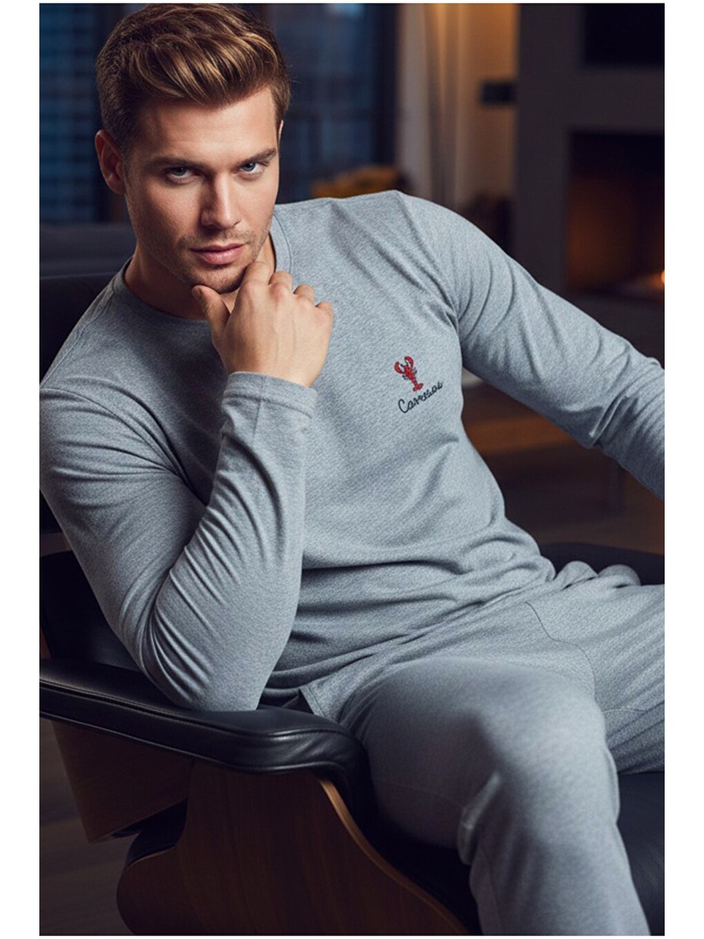 Mavi Uzun Kollu Örme Erkek Pijama Takım 7795