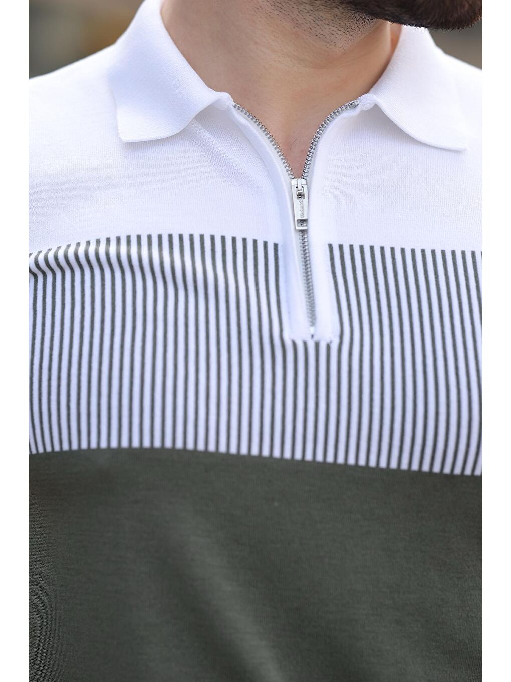 Haki Renk Bloklu Polo Yaka Triko Erkek Tişört E7409-3