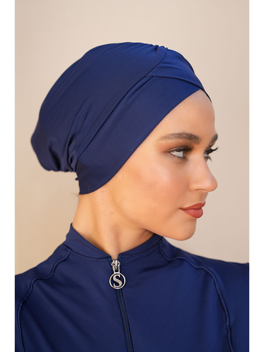 Lacivert Çapraz Esnek Kumaş Deniz Havuz Yüzücü Tesettür Mayo Bonesi SB539-3