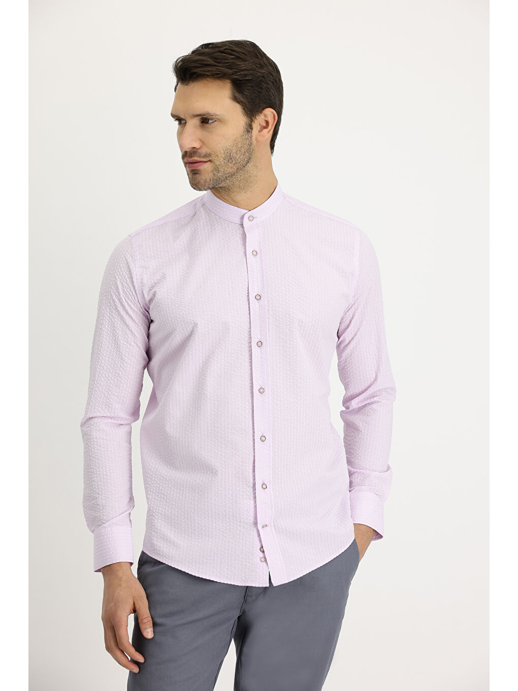 Pembe Uzun Kol Hakim Yaka Regular Fit Çizgili Pamuk Gömlek-1