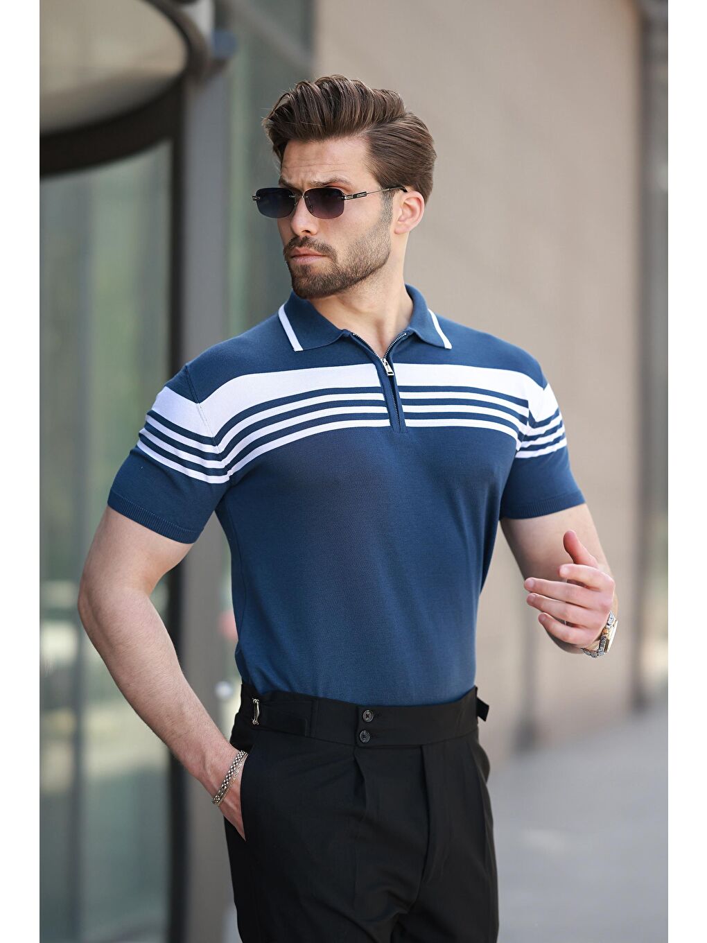 Lacivert Fermuarlı Polo Yaka Erkek Triko T-Shirt E7407