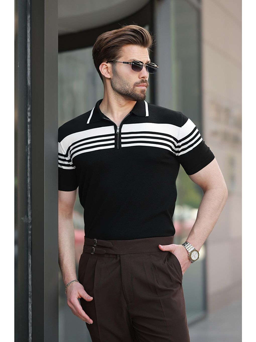 Siyah Fermuarlı Polo Yaka Erkek Triko T-Shirt E7407-1