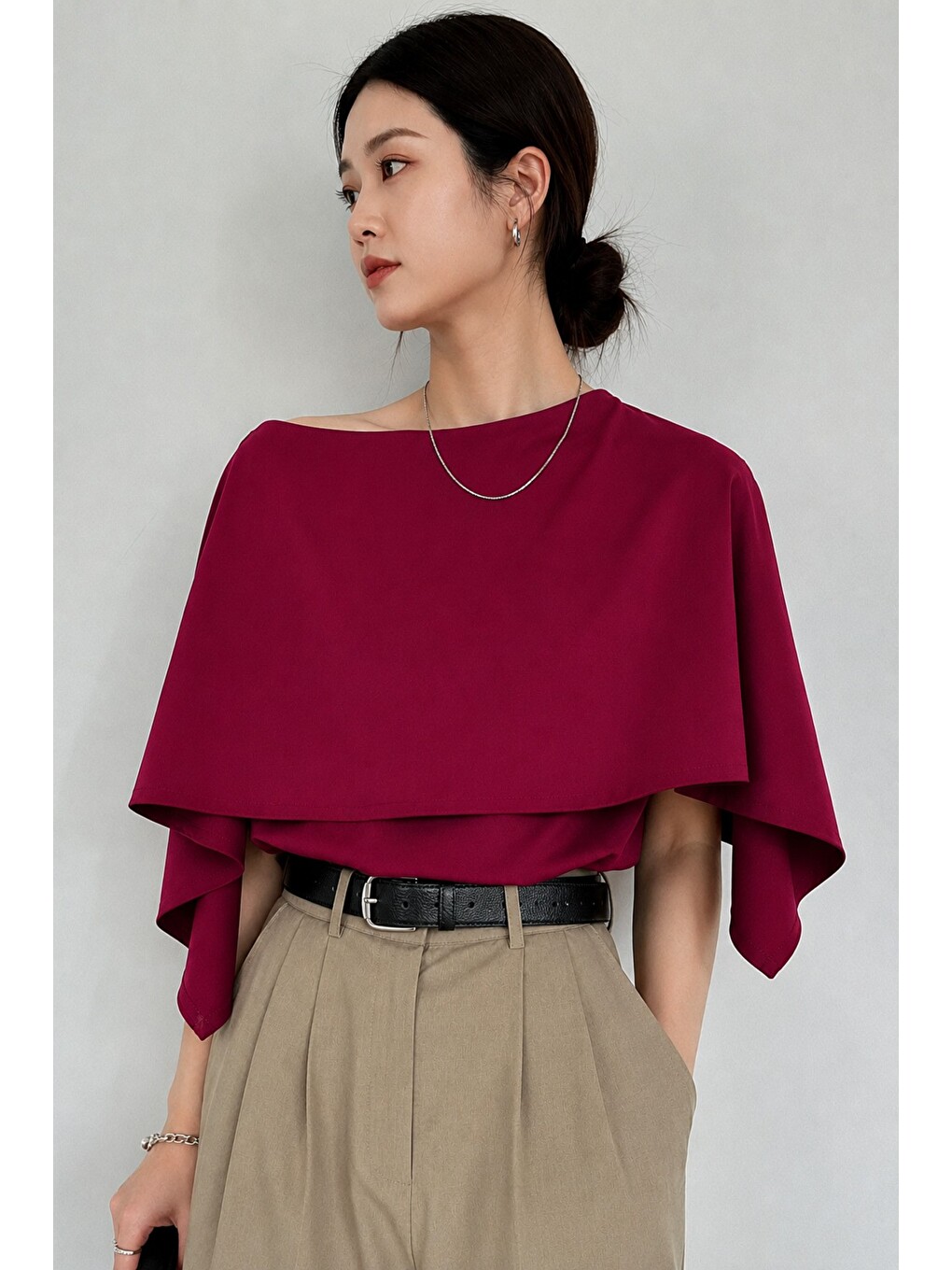 Bordo Kadın Pelerin Detaylı Trend Bluz-1