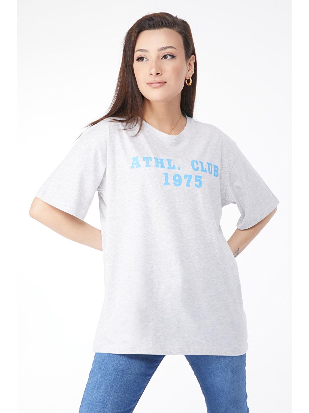 Bisiklet Yaka Kadın Gri Kısa Kollu Baskılı Tişört - 24644-2