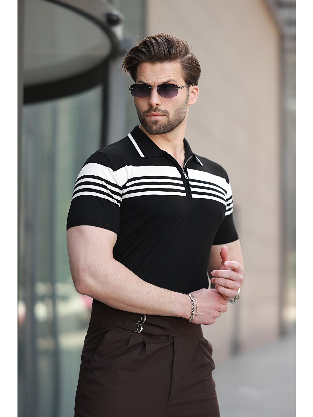 Siyah Fermuarlı Polo Yaka Erkek Triko T-Shirt E7407-2