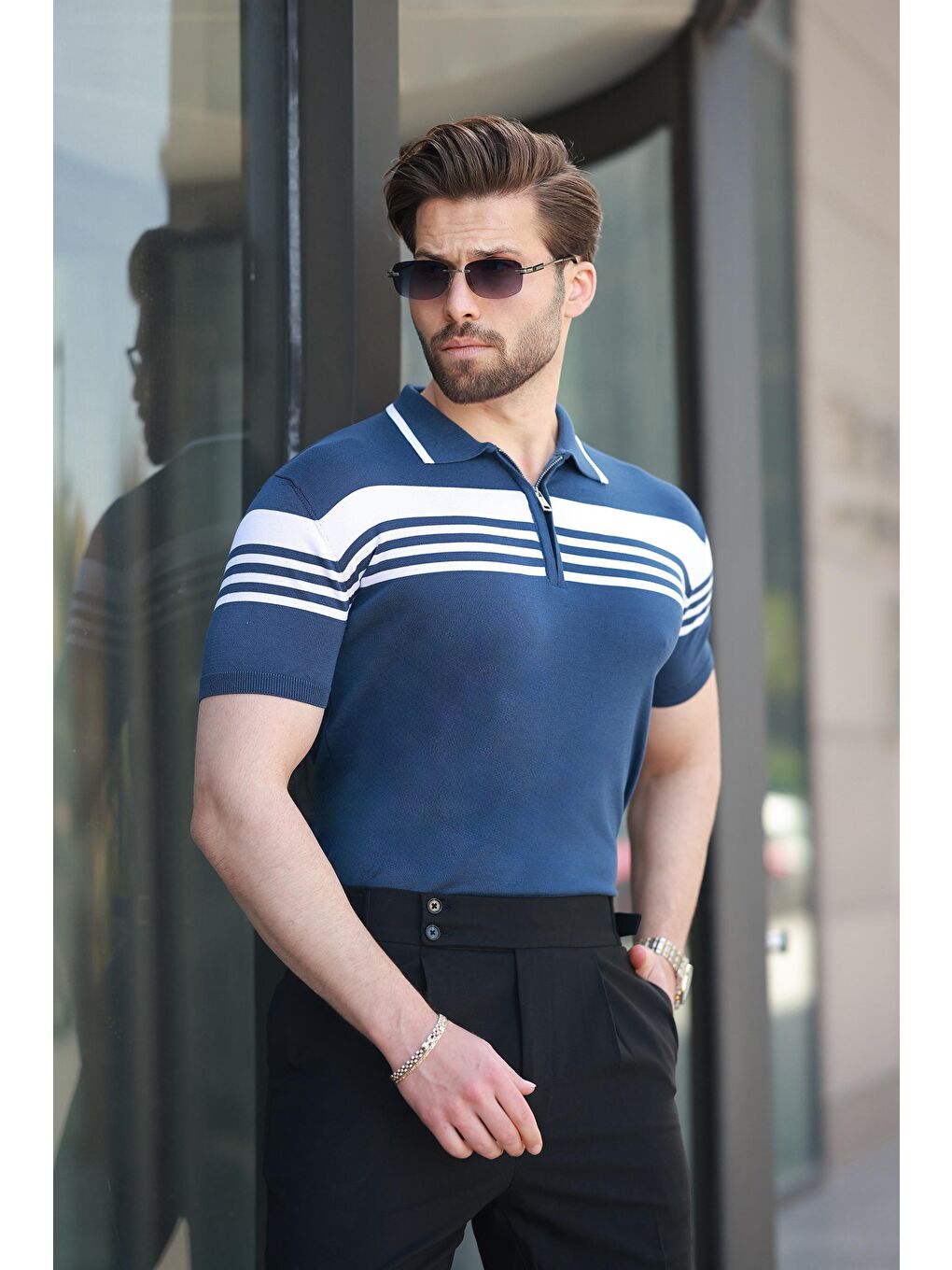 Lacivert Fermuarlı Polo Yaka Erkek Triko T-Shirt E7407-1