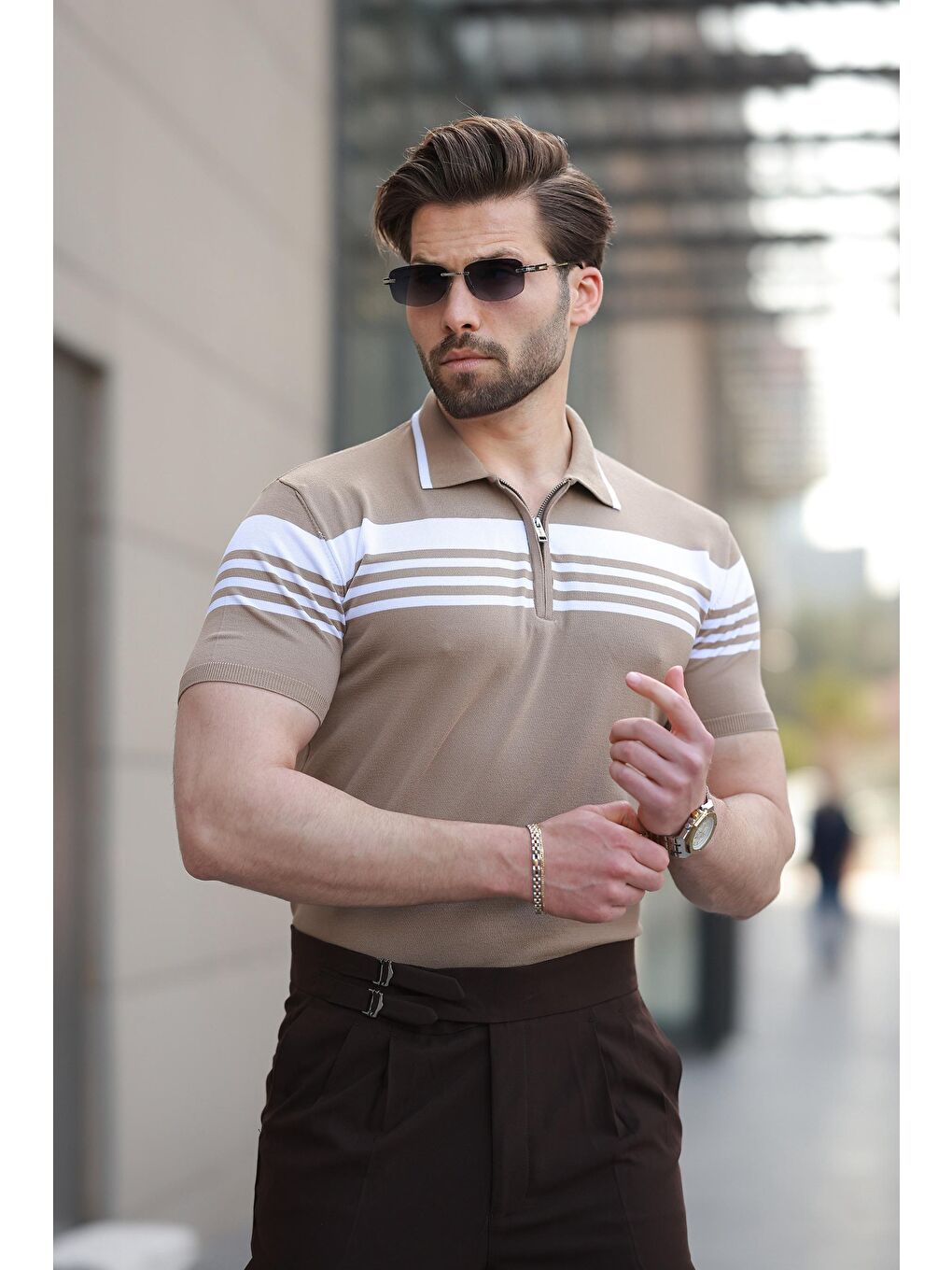 Bej Vizon Fermuarlı Polo Yaka Erkek Triko T-Shirt E7407