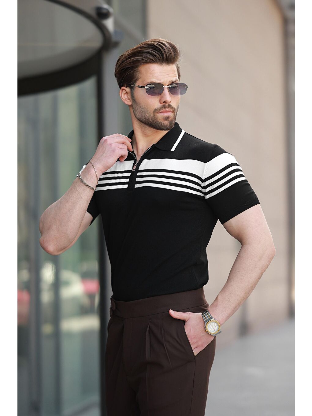 Siyah Fermuarlı Polo Yaka Erkek Triko T-Shirt E7407-3