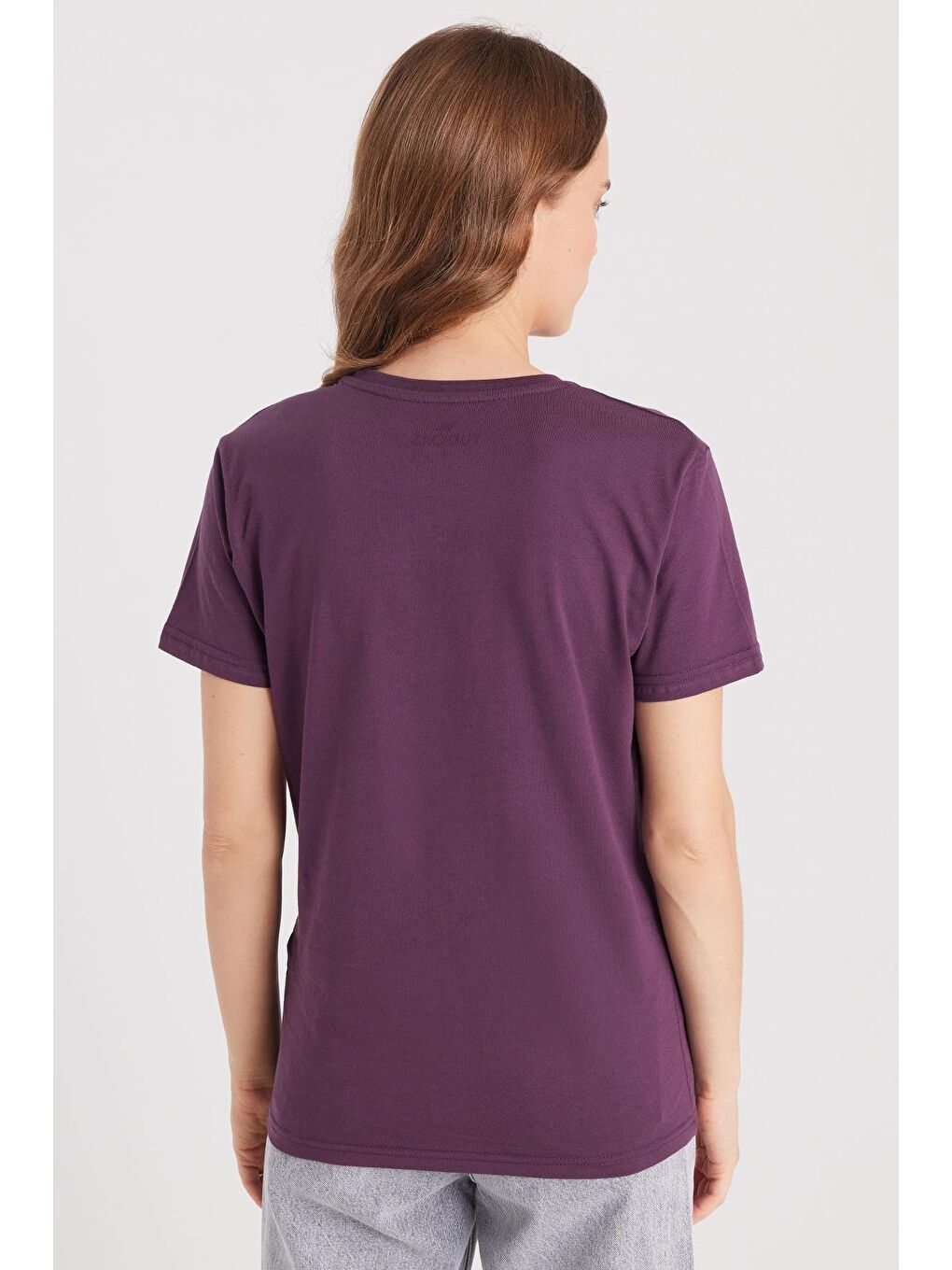 Kadın Bol Kesim Rahat Duruş %100 Pamuk Yumuşak Dokulu Mor Bisiklet Yaka Tişört-6