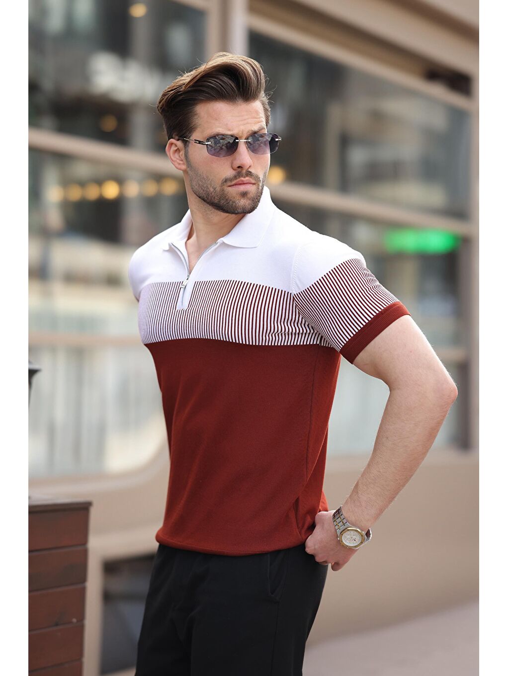 Kahverengi Kiremit Renk Bloklu Polo Yaka Triko Erkek T-Shirt E7409-1