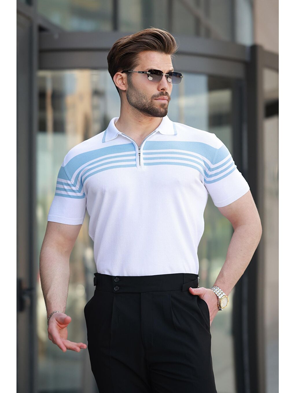 Beyaz Fermuarlı Polo Yaka Erkek Triko T-Shirt E7407