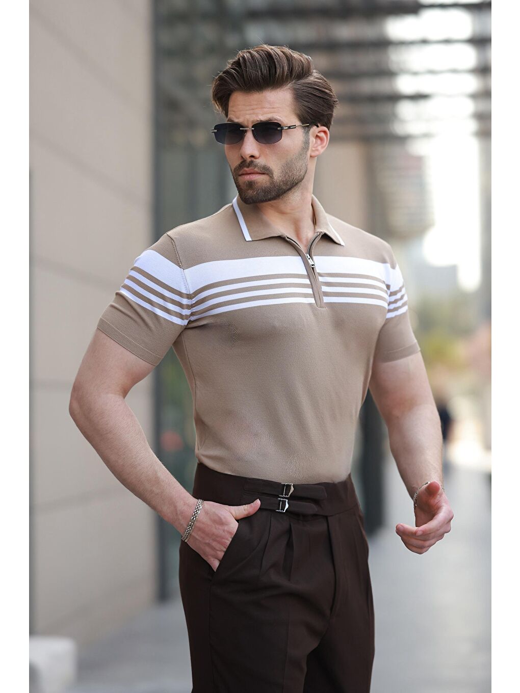 Bej Vizon Fermuarlı Polo Yaka Erkek Triko T-Shirt E7407-1