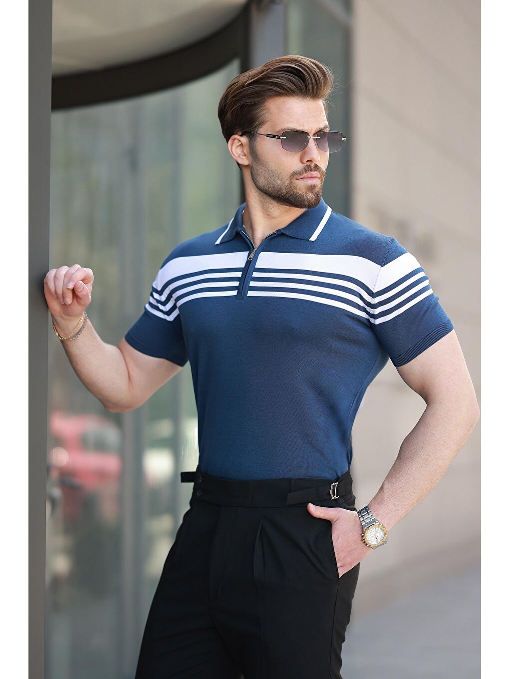 Lacivert Fermuarlı Polo Yaka Erkek Triko T-Shirt E7407-2