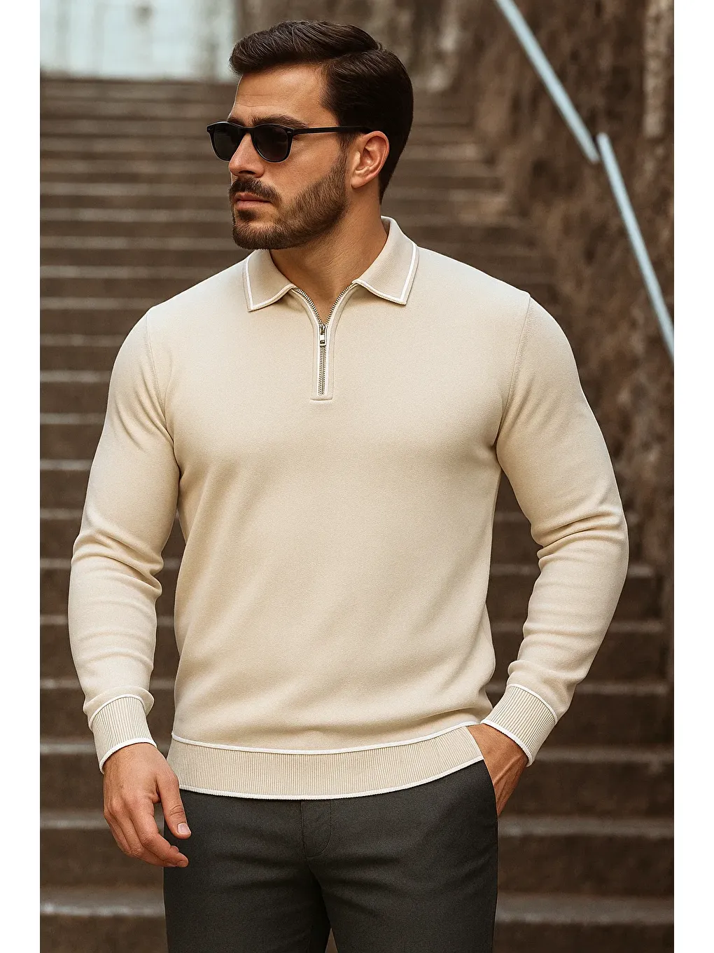 Ekru Erkek Trend Fermuarlı Uzun Kollu Krem Polo Yaka Kazak-1