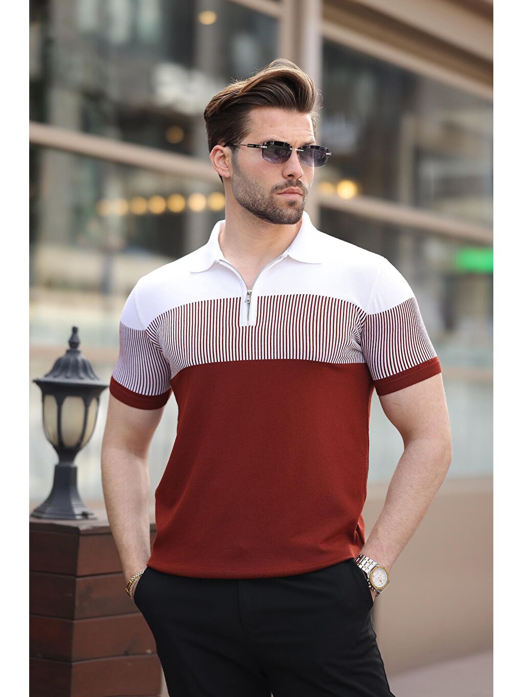 Kahverengi Kiremit Renk Bloklu Polo Yaka Triko Erkek T-Shirt E7409-2