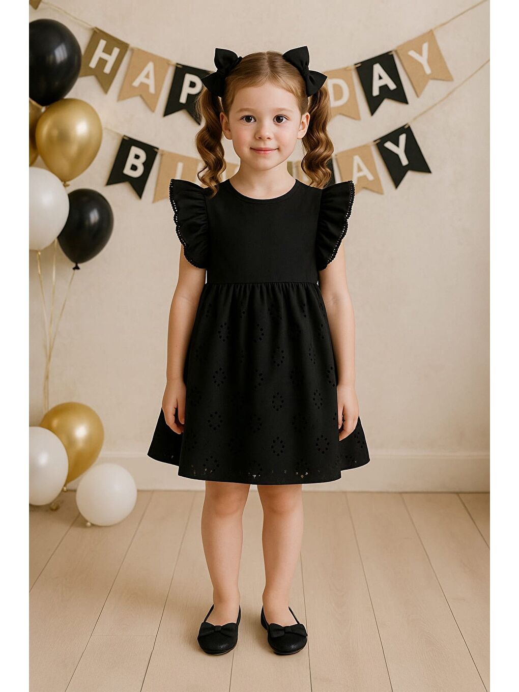 Siyah Güpürlü Kolları Fırfırlı Kız Çocuk Elbise-1