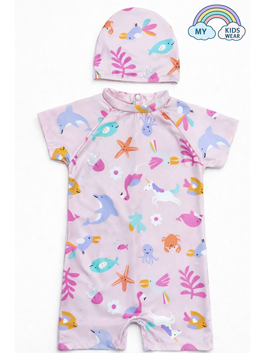 Pembe Kız Çocuk Boneli Fermuarlı Plaj Mayosu 2-8 Yaş 12559