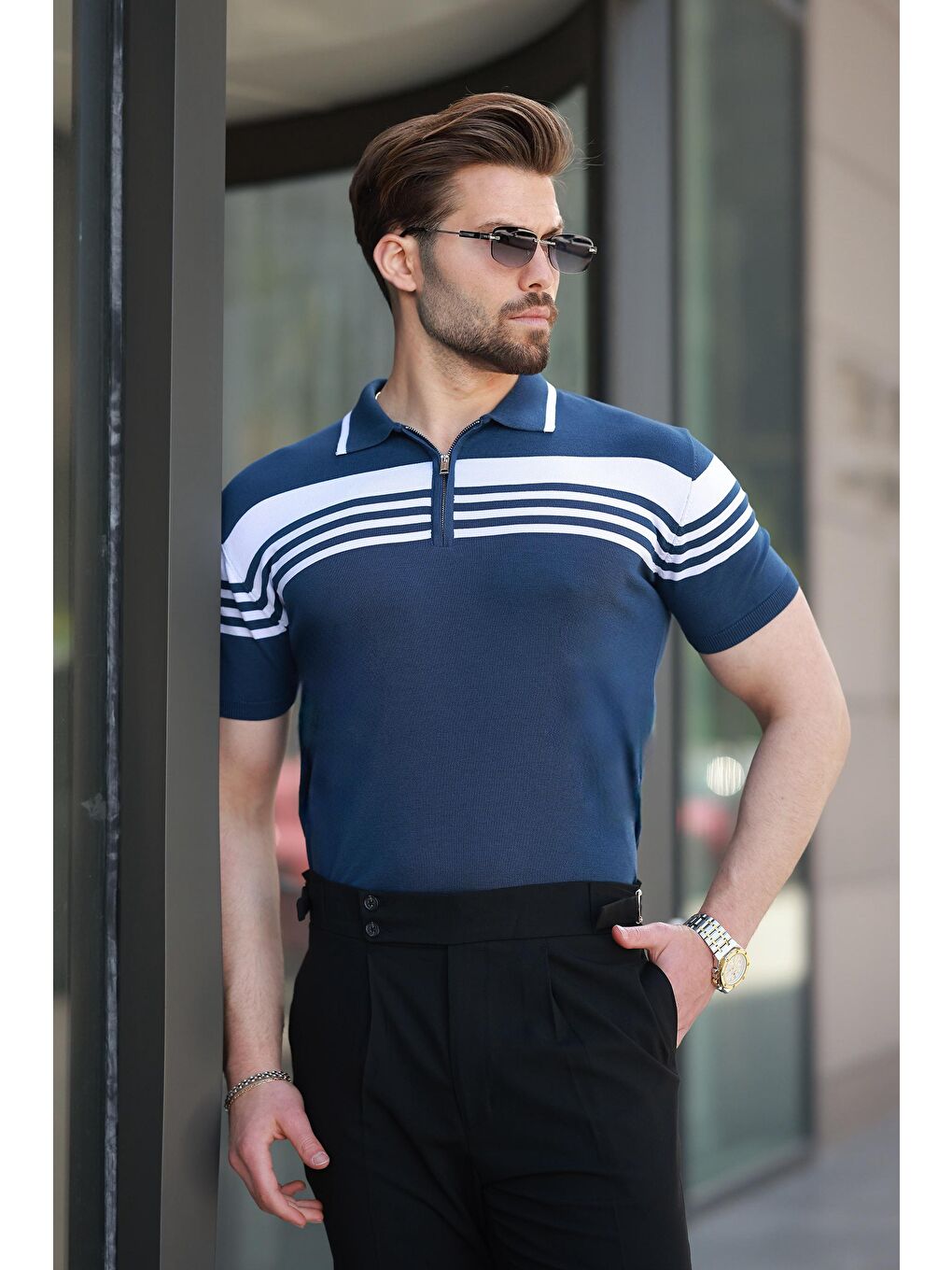 Lacivert Fermuarlı Polo Yaka Erkek Triko T-Shirt E7407-3