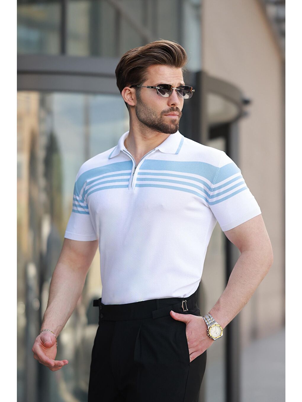 Beyaz Fermuarlı Polo Yaka Erkek Triko T-Shirt E7407-1