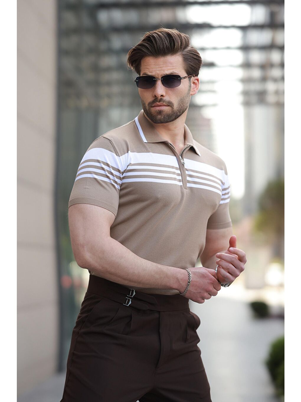 Bej Vizon Fermuarlı Polo Yaka Erkek Triko T-Shirt E7407-2