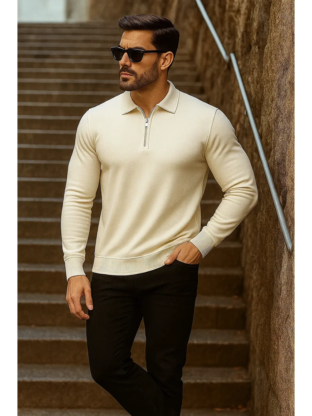 Ekru Erkek Trend Fermuarlı Uzun Kollu Krem Polo Yaka Kazak-2