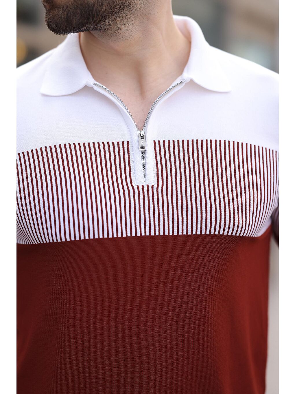 Kahverengi Kiremit Renk Bloklu Polo Yaka Triko Erkek T-Shirt E7409-3