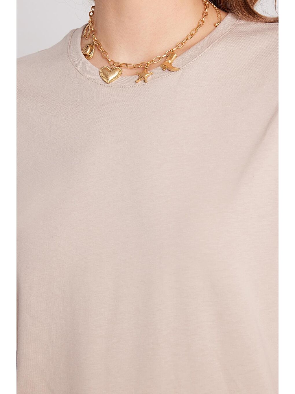 Bej Kadın Bol Kesim Rahat Duruş %100 Pamuk Yumuşak Dokulu Vizon Renk Bisiklet Yaka Tişört-2