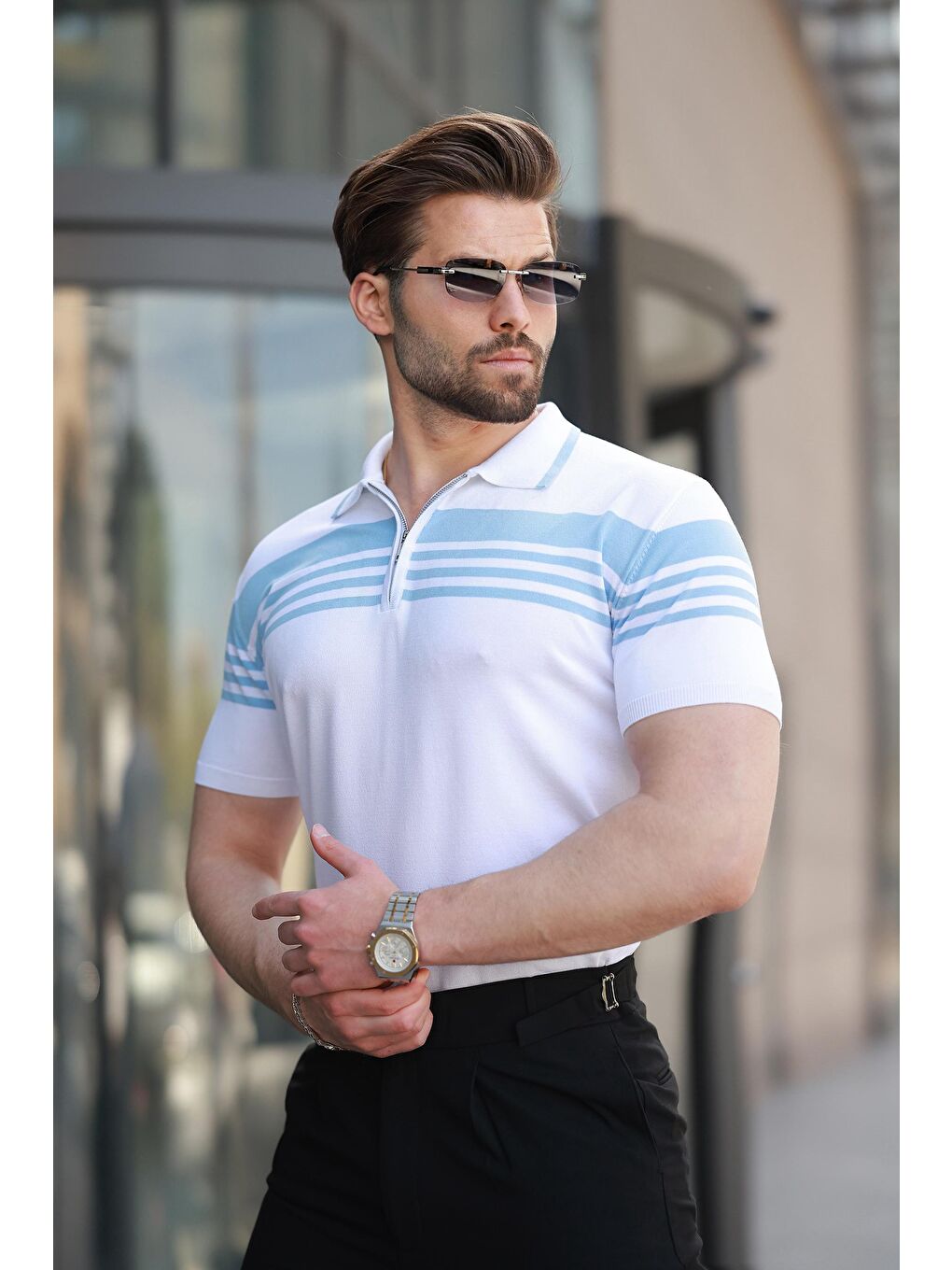 Beyaz Fermuarlı Polo Yaka Erkek Triko T-Shirt E7407-2