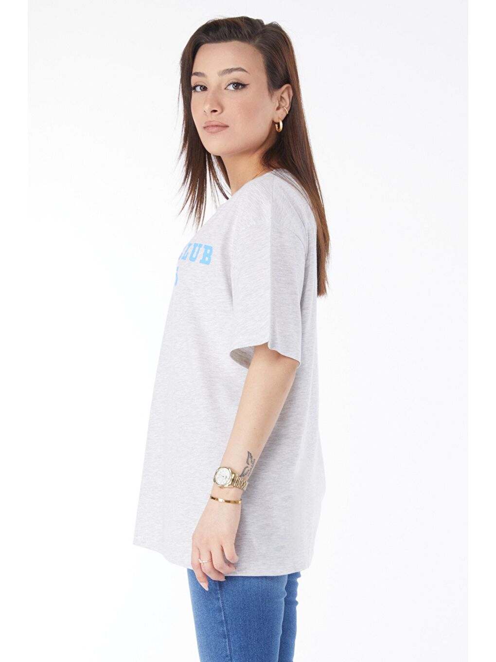 Bisiklet Yaka Kadın Gri Kısa Kollu Baskılı Tişört - 24644-3