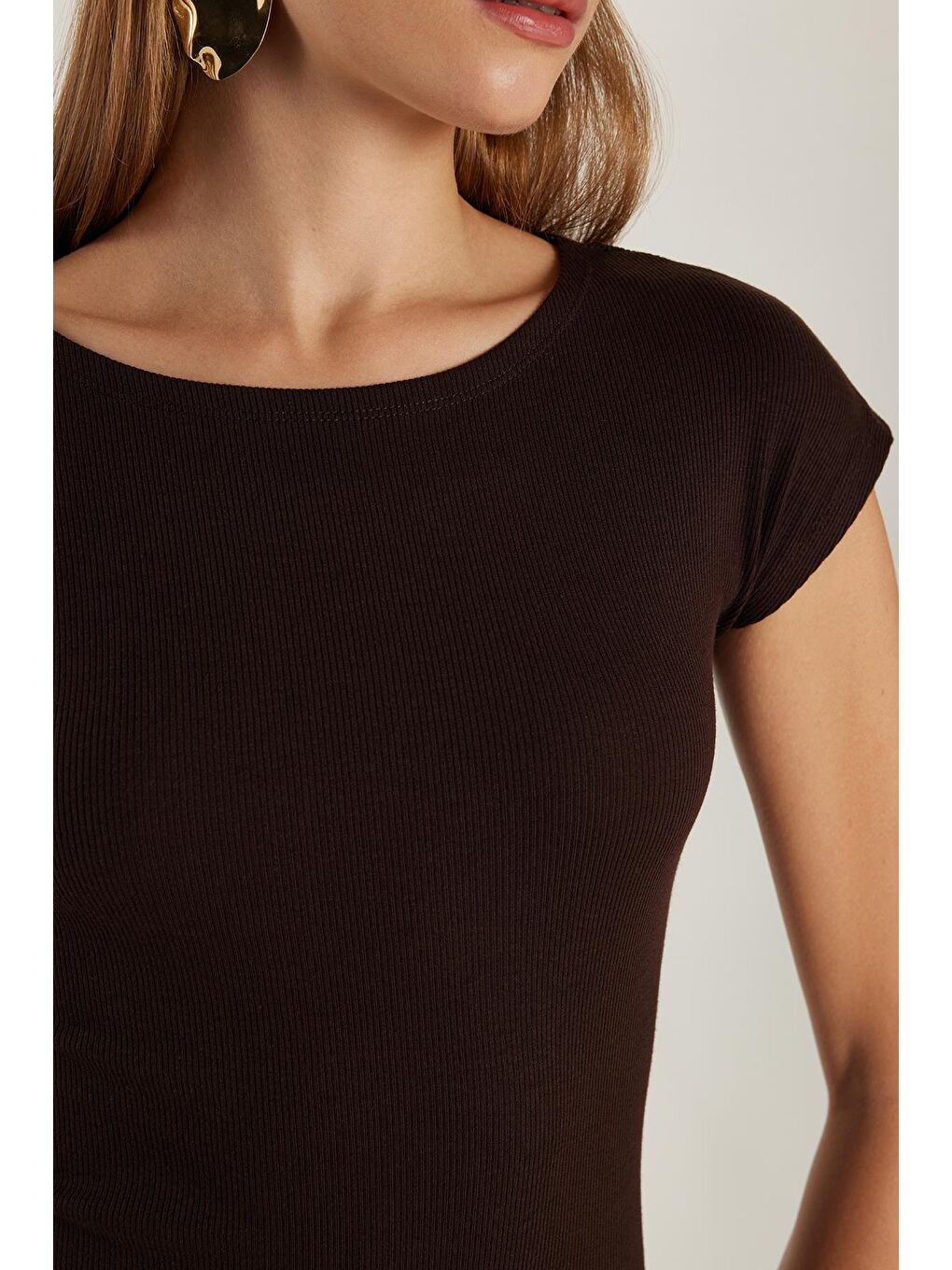 Kadın Modal Kumaş Slim Fit Dar Kesim Kısa Kollu Bisiklet Yaka Kahverengi Elbise-2