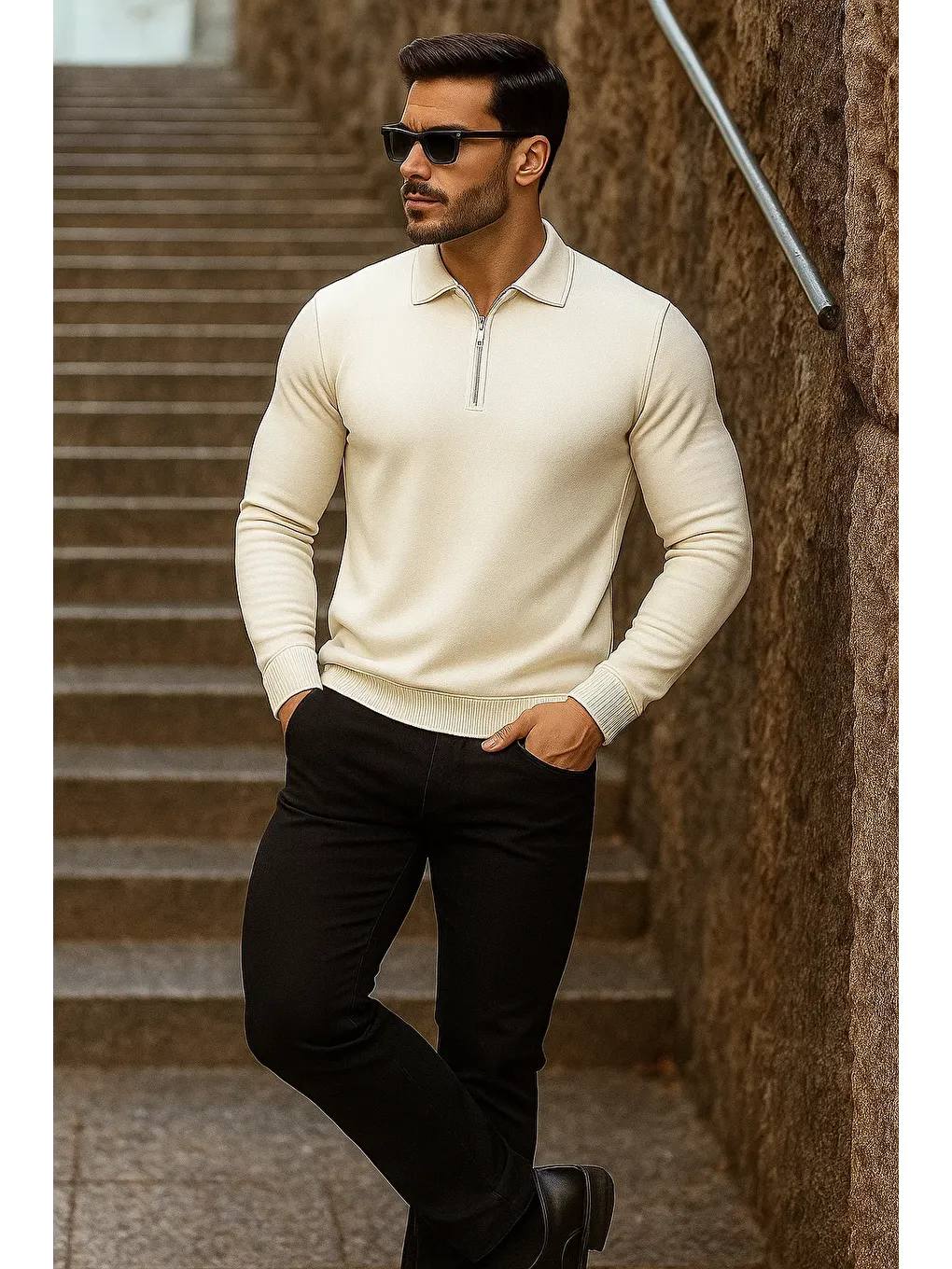 Ekru Erkek Trend Fermuarlı Uzun Kollu Krem Polo Yaka Kazak-3