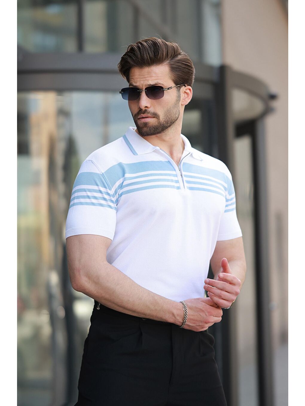 Beyaz Fermuarlı Polo Yaka Erkek Triko T-Shirt E7407-3
