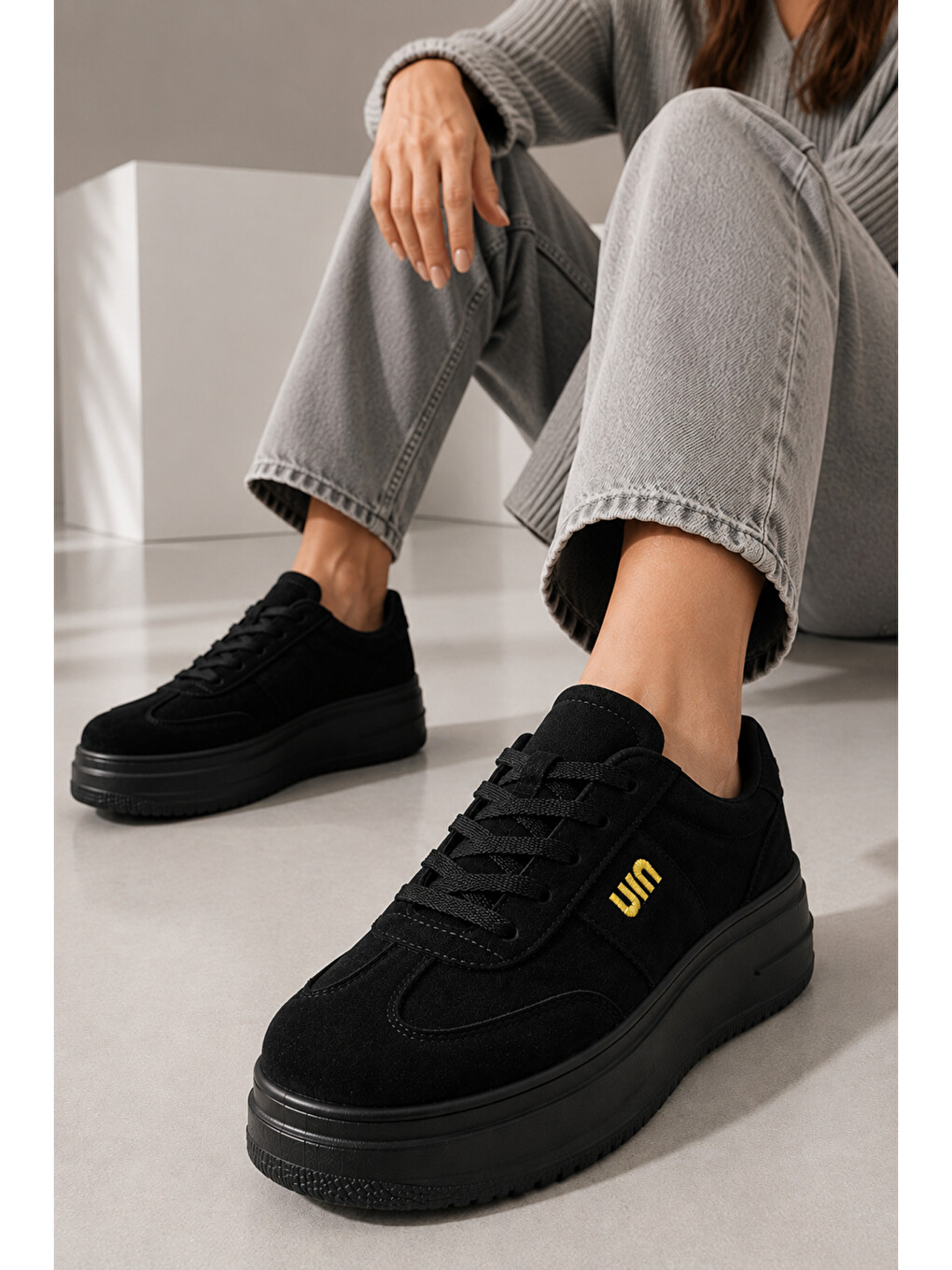 Siyah Kadın, Süet Doku, Kalın Taban, Bağcıklı, Günlük Sneaker Ayakkabı-2