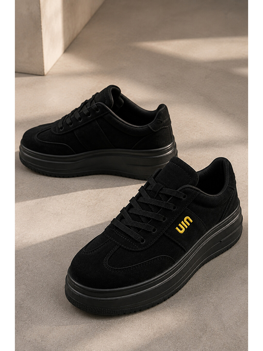 Siyah Kadın, Süet Doku, Kalın Taban, Bağcıklı, Günlük Sneaker Ayakkabı-3