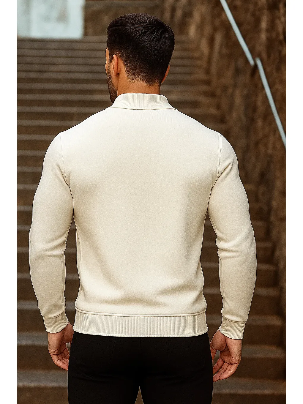Ekru Erkek Trend Fermuarlı Uzun Kollu Krem Polo Yaka Kazak-4