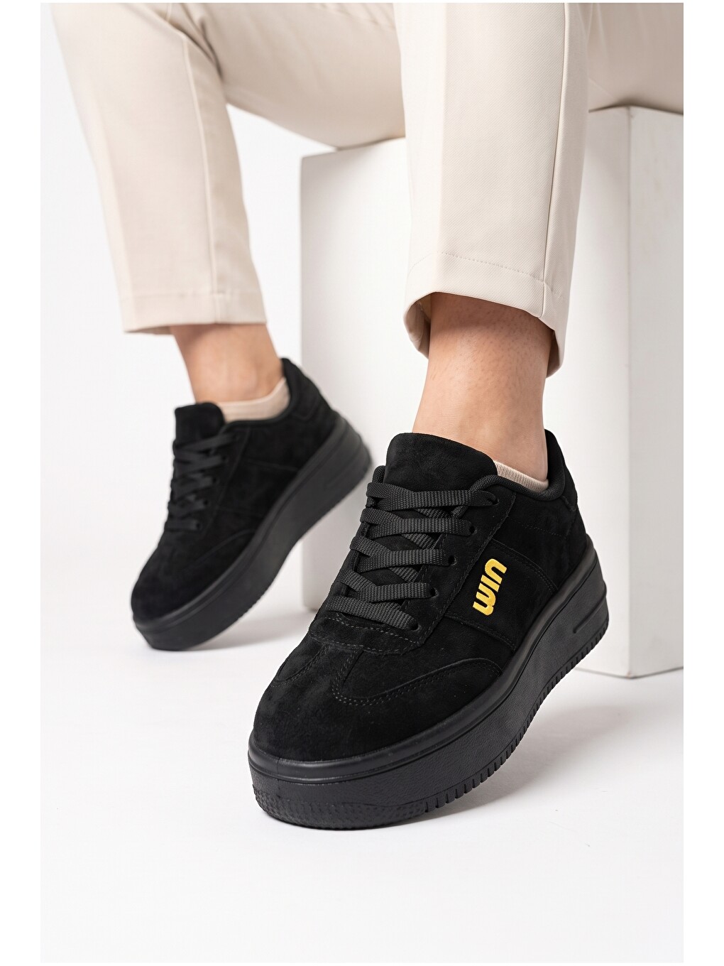 Siyah Kadın, Süet Doku, Kalın Taban, Bağcıklı, Günlük Sneaker Ayakkabı-4