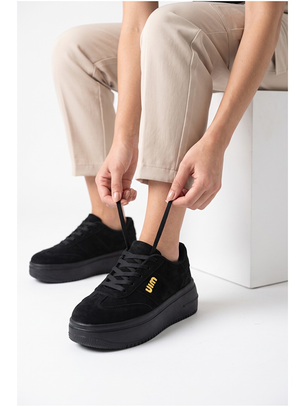 Siyah Kadın, Süet Doku, Kalın Taban, Bağcıklı, Günlük Sneaker Ayakkabı-5