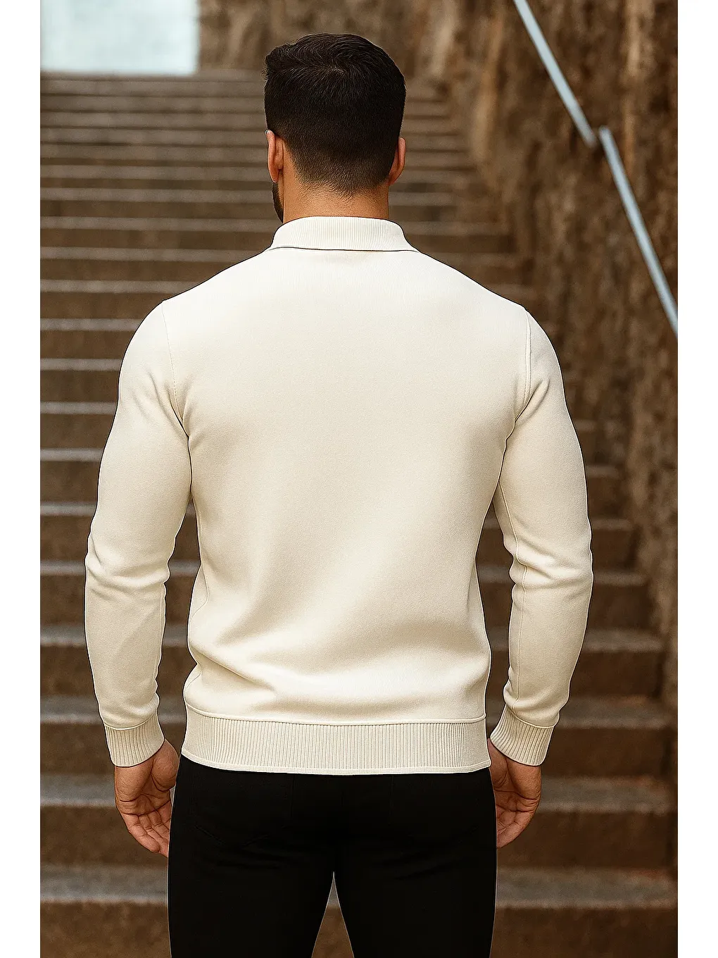 Ekru Erkek Trend Fermuarlı Uzun Kollu Krem Polo Yaka Kazak-5