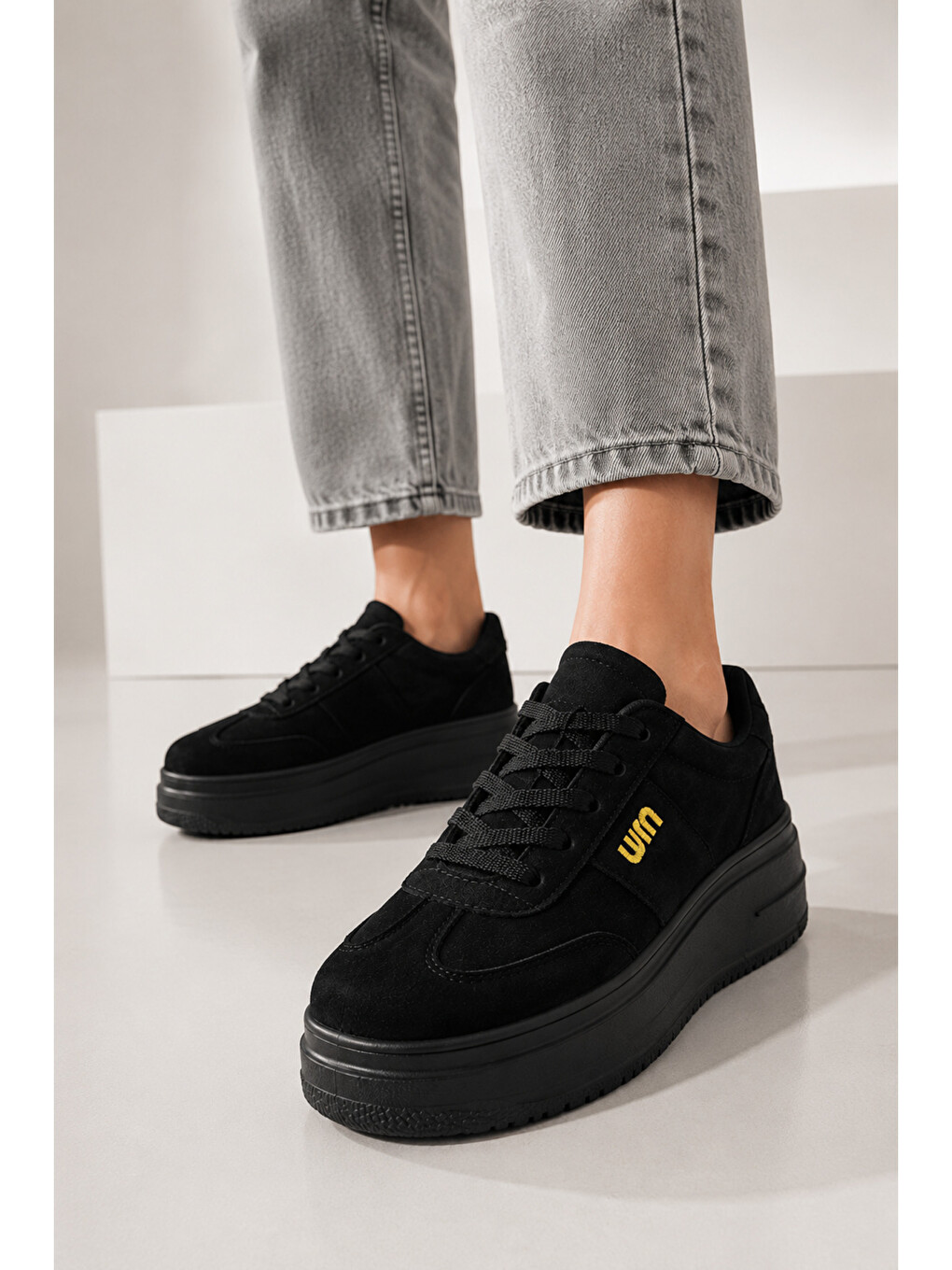 Siyah Kadın, Süet Doku, Kalın Taban, Bağcıklı, Günlük Sneaker Ayakkabı-6