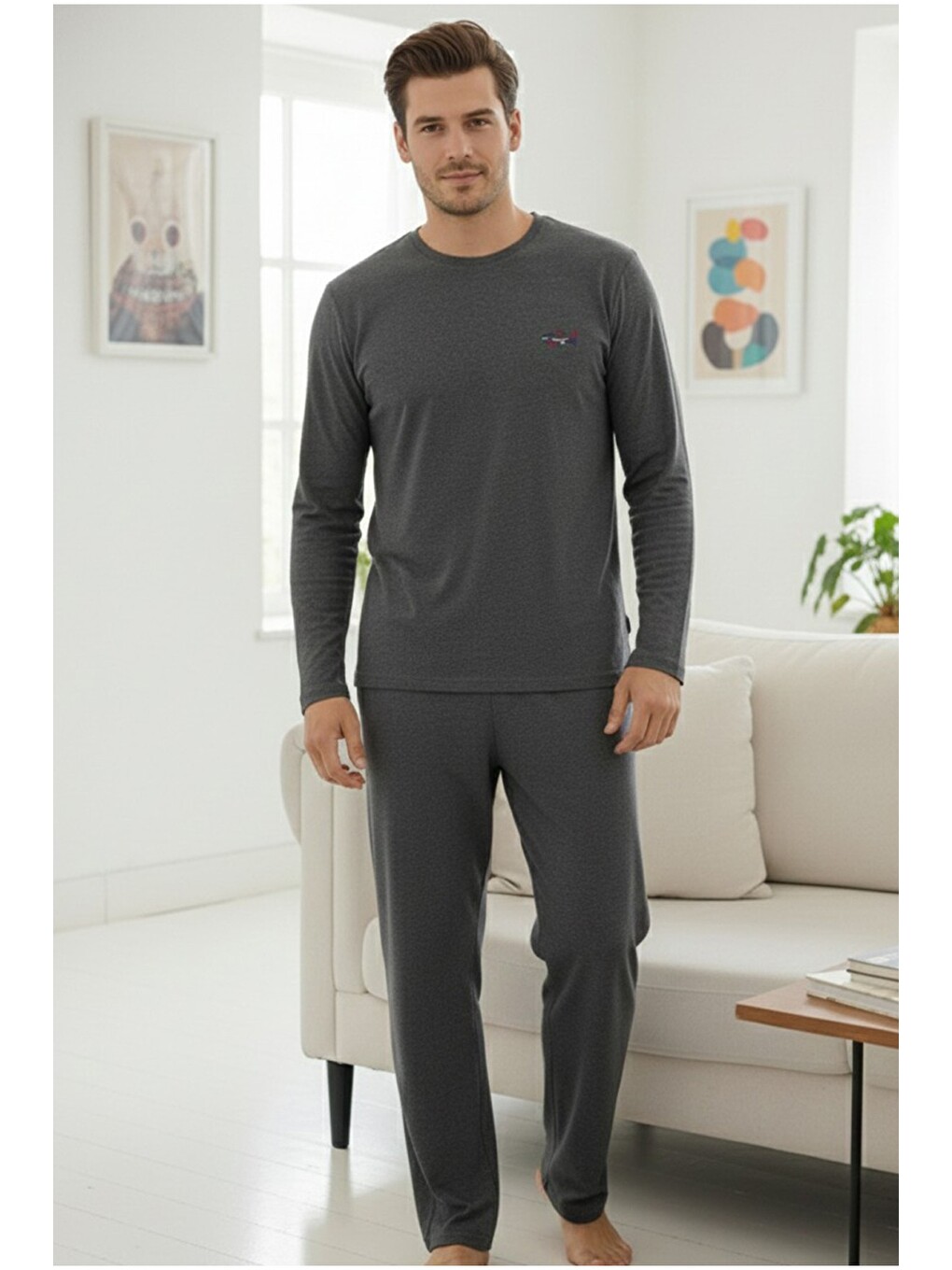 Gri Uzun Kollu Örme Erkek Pijama Takım 7795-1