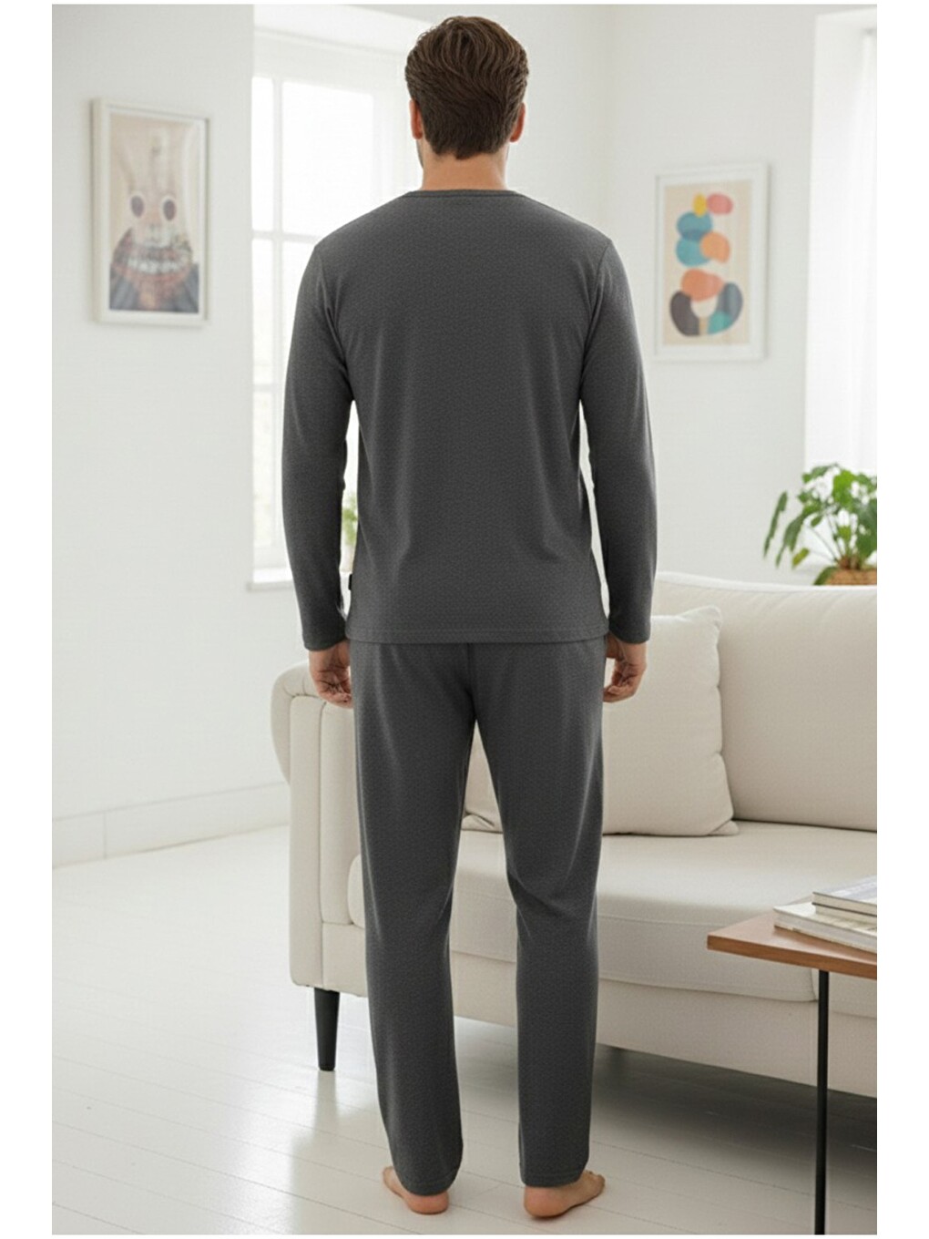 Gri Uzun Kollu Örme Erkek Pijama Takım 7795-2