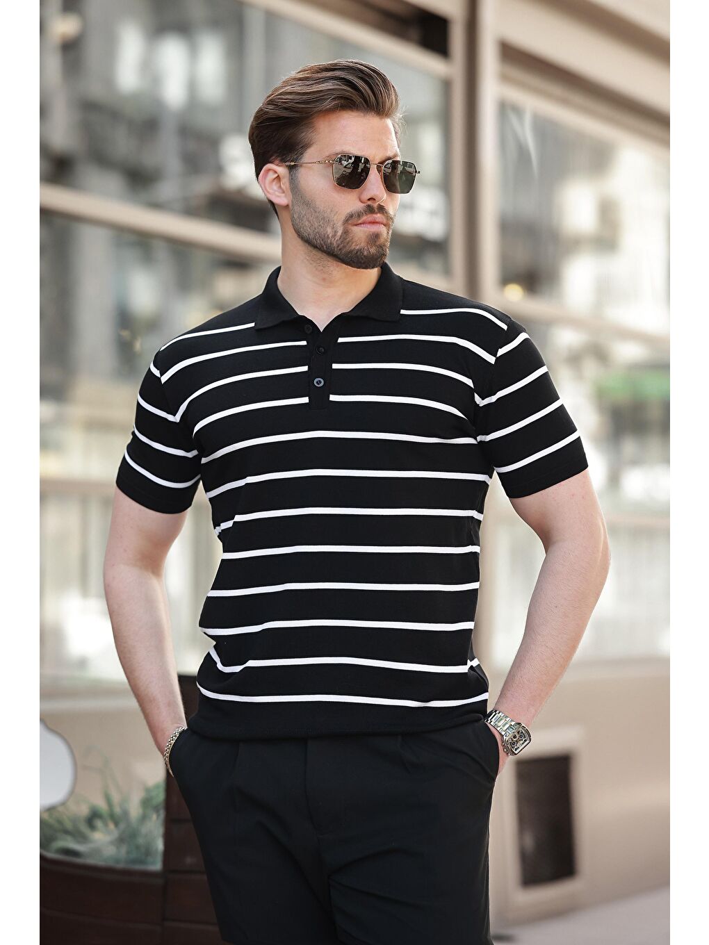 Siyah Çizgili Polo Yaka Erkek T-Shirt E7405-1