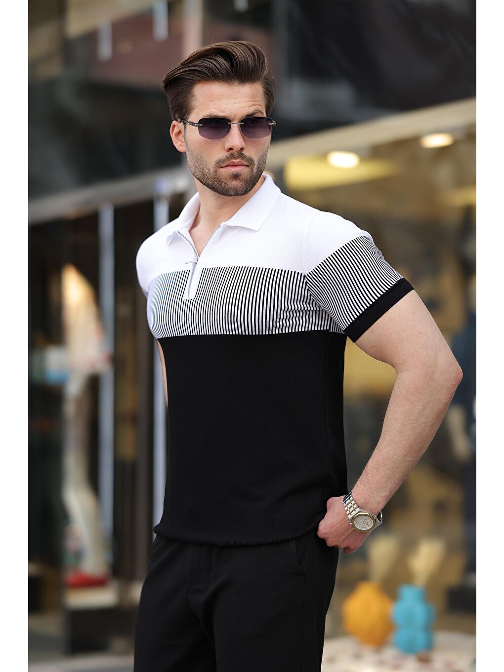 Siyah Renk Bloklu Polo Yaka Triko Erkek T-Shirt E7409