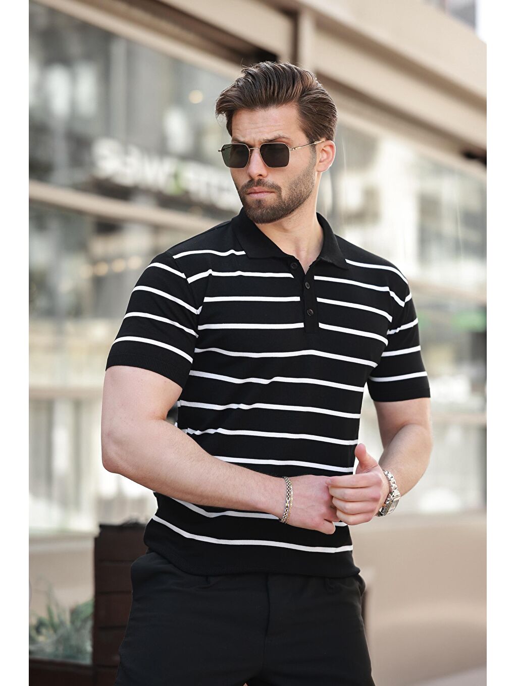 Siyah Çizgili Polo Yaka Erkek T-Shirt E7405-2