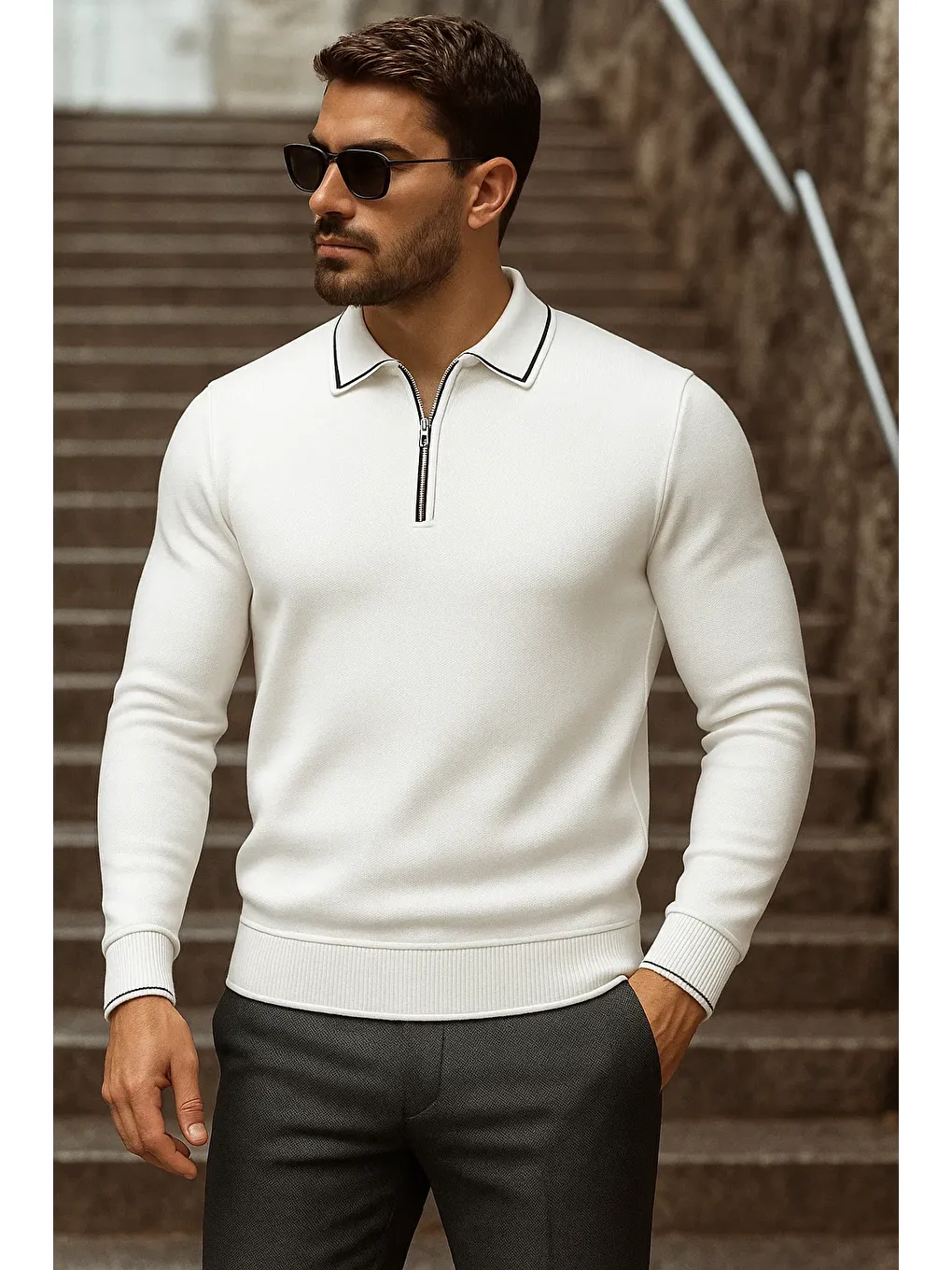 Erkek Trend Fermuarlı Uzun Kollu Beyaz Polo Yaka Kazak