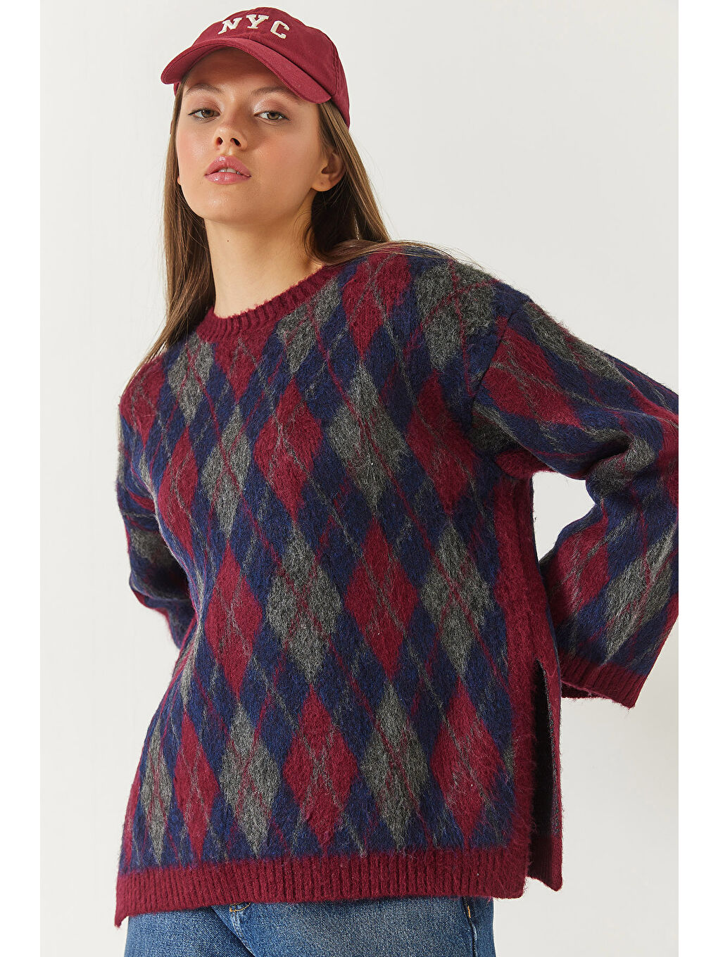 Kırmızı Kadın Şardonlu Baklavalı Yırtmaçlı Triko Kazak