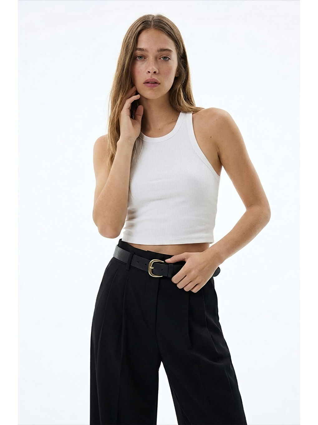 Yüksek Bel Kemerli Pileli Pantolon Siyah-1