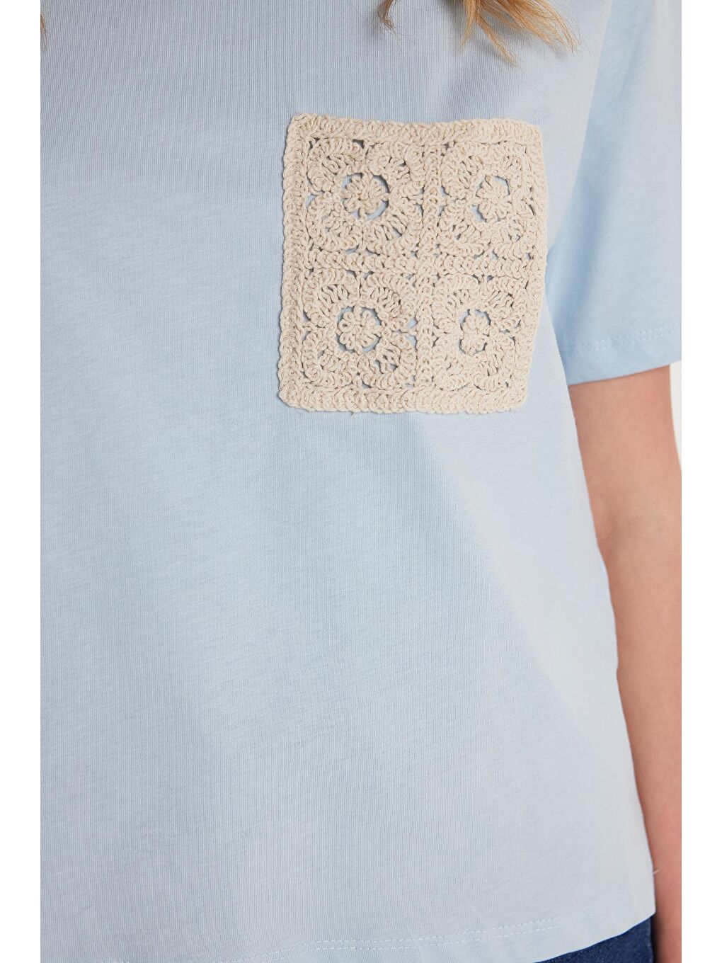 Kadın Relax Fit Rahat Kesim %100 Pamuk Baskılı Bisiklet Yaka Açık Mavi Tişört-2