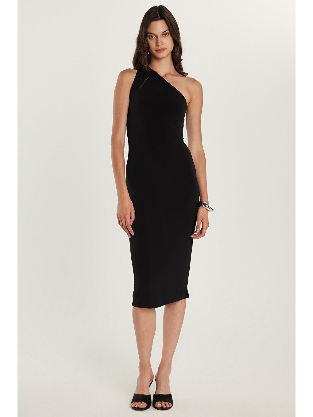 Kadın Slim Fit Dar Kesim Tek Omuz Askılı Siyah Elbise-3