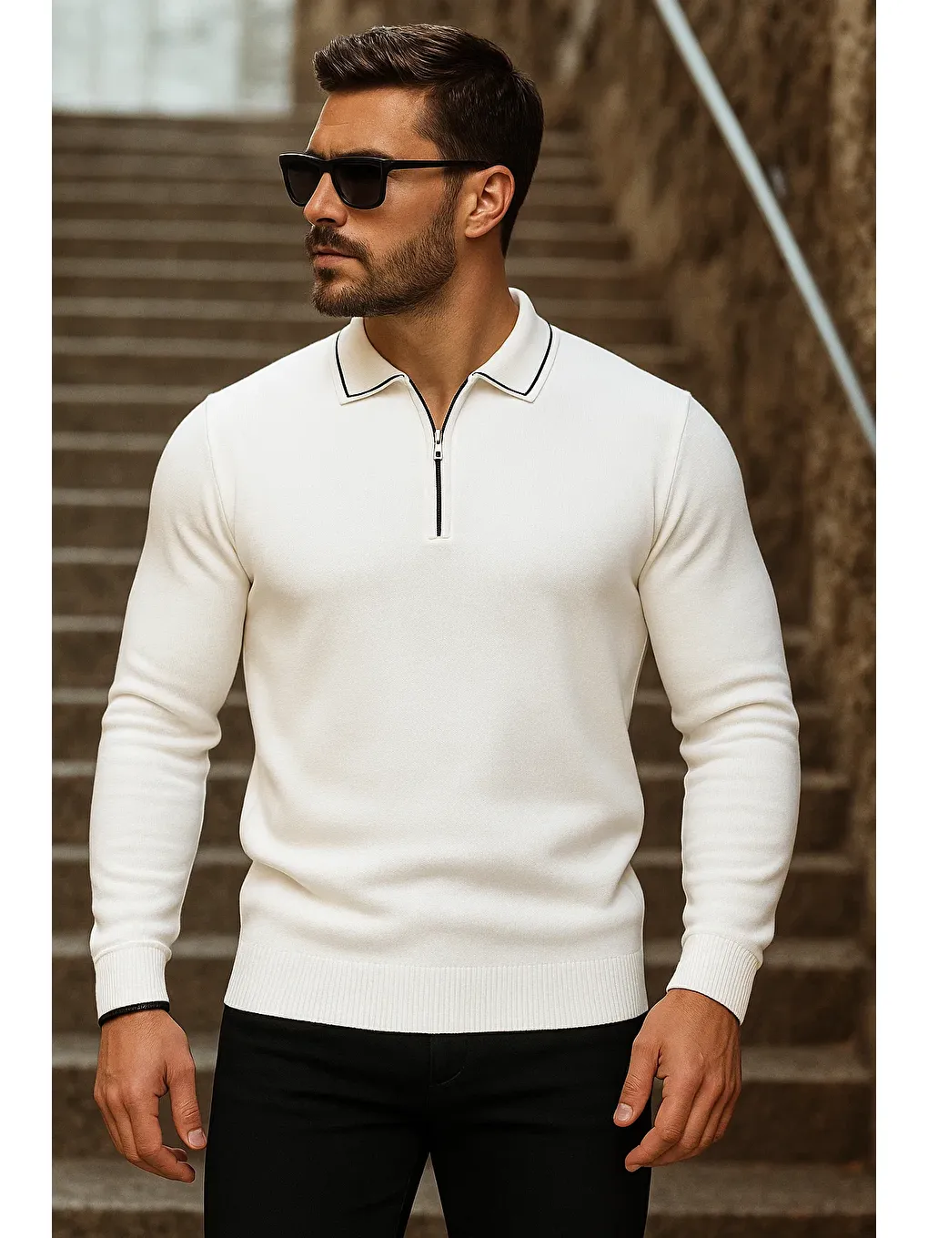 Erkek Trend Fermuarlı Uzun Kollu Beyaz Polo Yaka Kazak-1